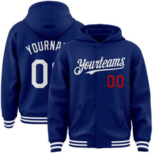 Load image into Gallery viewer, Custom Royal White-Red Bomber Full-Snap Varsity Letterman Hoodie Jacket
