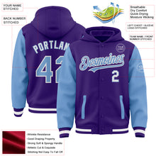 Load image into Gallery viewer, Custom Purple Light Blue-White Bomber Full-Snap Varsity Letterman Two Tone Hoodie Jacket

