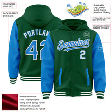 Load image into Gallery viewer, Custom Kelly Green Powder Blue-White Bomber Full-Snap Varsity Letterman Two Tone Hoodie Jacket
