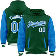 Load image into Gallery viewer, Custom Kelly Green Powder Blue-White Bomber Full-Snap Varsity Letterman Two Tone Hoodie Jacket
