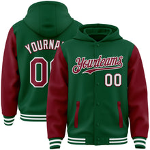 Load image into Gallery viewer, Custom Kelly Green Crimson-White Bomber Full-Snap Varsity Letterman Two Tone Hoodie Jacket
