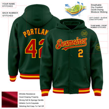 Load image into Gallery viewer, Custom Green Red-Gold Bomber Full-Snap Varsity Letterman Hoodie Jacket
