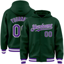 Load image into Gallery viewer, Custom Green Purple-White Bomber Full-Snap Varsity Letterman Hoodie Jacket
