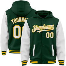 Load image into Gallery viewer, Custom Green White-Gold Bomber Full-Snap Varsity Letterman Two Tone Hoodie Jacket
