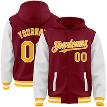 Load image into Gallery viewer, Custom Crimson Gold-White Bomber Full-Snap Varsity Letterman Two Tone Hoodie Jacket
