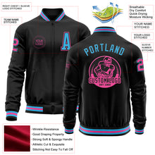 Load image into Gallery viewer, Custom Black Sky Blue-Pink Bomber Varsity Letterman Zipper Jacket
