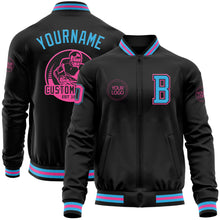 Load image into Gallery viewer, Custom Black Sky Blue-Pink Bomber Varsity Letterman Zipper Jacket
