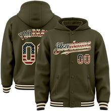 Load image into Gallery viewer, Custom Olive Vintage USA Flag Cream-Black Bomber Full-Snap Varsity Letterman Salute To Service Hoodie Jacket
