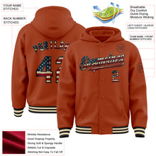 Load image into Gallery viewer, Custom Texas Orange Vintage USA Flag Black-Cream Bomber Full-Snap Varsity Letterman Hoodie Jacket
