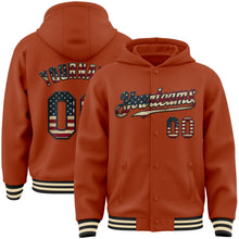 Load image into Gallery viewer, Custom Texas Orange Vintage USA Flag Black-Cream Bomber Full-Snap Varsity Letterman Hoodie Jacket

