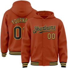 Load image into Gallery viewer, Custom Texas Orange Black-Old Gold Bomber Full-Snap Varsity Letterman Hoodie Jacket
