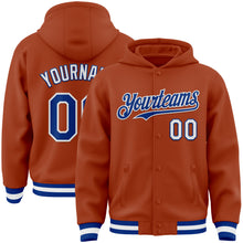 Load image into Gallery viewer, Custom Texas Orange Royal-White Bomber Full-Snap Varsity Letterman Hoodie Jacket
