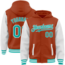 Load image into Gallery viewer, Custom Texas Orange Aqua-White Bomber Full-Snap Varsity Letterman Two Tone Hoodie Jacket
