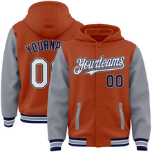 Load image into Gallery viewer, Custom Texas Orange Navy-Gray Bomber Full-Snap Varsity Letterman Two Tone Hoodie Jacket
