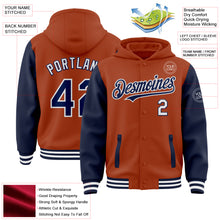 Load image into Gallery viewer, Custom Texas Orange Navy-White Bomber Full-Snap Varsity Letterman Two Tone Hoodie Jacket
