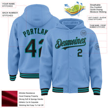 Load image into Gallery viewer, Custom Light Blue Black-Teal Bomber Full-Snap Varsity Letterman Hoodie Jacket
