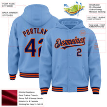 Load image into Gallery viewer, Custom Light Blue Navy-Orange Bomber Full-Snap Varsity Letterman Hoodie Jacket
