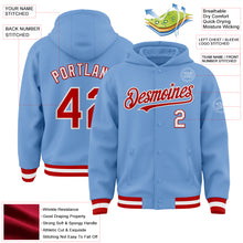 Load image into Gallery viewer, Custom Light Blue Red-White Bomber Full-Snap Varsity Letterman Hoodie Jacket
