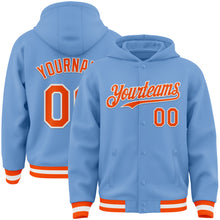 Load image into Gallery viewer, Custom Light Blue Orange-White Bomber Full-Snap Varsity Letterman Hoodie Jacket
