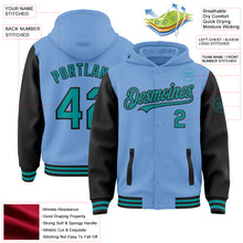 Load image into Gallery viewer, Custom Light Blue Teal-Black Bomber Full-Snap Varsity Letterman Two Tone Hoodie Jacket
