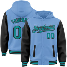 Load image into Gallery viewer, Custom Light Blue Teal-Black Bomber Full-Snap Varsity Letterman Two Tone Hoodie Jacket
