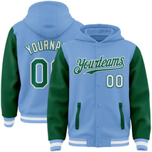 Load image into Gallery viewer, Custom Light Blue Kelly Green-White Bomber Full-Snap Varsity Letterman Two Tone Hoodie Jacket
