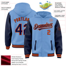 Load image into Gallery viewer, Custom Light Blue Navy-Orange Bomber Full-Snap Varsity Letterman Two Tone Hoodie Jacket
