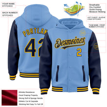 Load image into Gallery viewer, Custom Light Blue Navy-Gold Bomber Full-Snap Varsity Letterman Two Tone Hoodie Jacket
