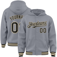 Load image into Gallery viewer, Custom Gray Black-Cream Bomber Full-Snap Varsity Letterman Hoodie Jacket
