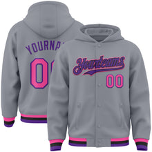 Load image into Gallery viewer, Custom Gray Pink Purple-Black Bomber Full-Snap Varsity Letterman Hoodie Jacket
