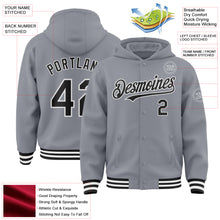 Load image into Gallery viewer, Custom Gray Black-White Bomber Full-Snap Varsity Letterman Hoodie Jacket
