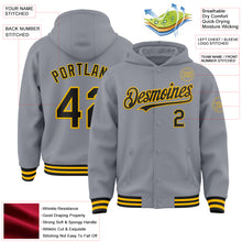 Load image into Gallery viewer, Custom Gray Black-Gold Bomber Full-Snap Varsity Letterman Hoodie Jacket
