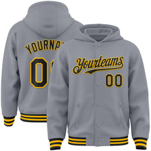 Load image into Gallery viewer, Custom Gray Black-Gold Bomber Full-Snap Varsity Letterman Hoodie Jacket

