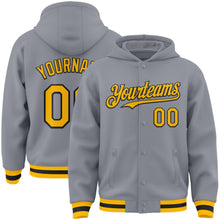 Load image into Gallery viewer, Custom Gray Gold-Black Bomber Full-Snap Varsity Letterman Hoodie Jacket
