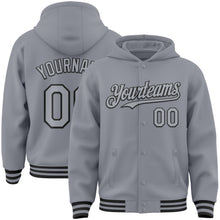 Load image into Gallery viewer, Custom Gray Black Bomber Full-Snap Varsity Letterman Hoodie Jacket
