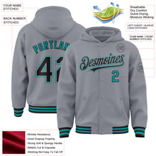 Load image into Gallery viewer, Custom Gray Black-Teal Bomber Full-Snap Varsity Letterman Hoodie Jacket
