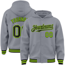 Load image into Gallery viewer, Custom Gray Black-Neon Green Bomber Full-Snap Varsity Letterman Hoodie Jacket
