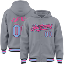 Load image into Gallery viewer, Custom Gray Light Blue Black-Pink Bomber Full-Snap Varsity Letterman Hoodie Jacket
