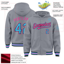 Load image into Gallery viewer, Custom Gray Sky Blue Black-Pink Bomber Full-Snap Varsity Letterman Hoodie Jacket

