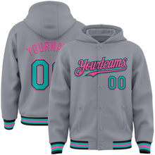 Load image into Gallery viewer, Custom Gray Aqua Black-Pink Bomber Full-Snap Varsity Letterman Hoodie Jacket
