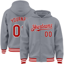 Load image into Gallery viewer, Custom Gray Red-White Bomber Full-Snap Varsity Letterman Hoodie Jacket

