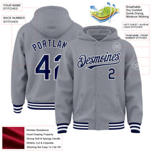 Load image into Gallery viewer, Custom Gray Navy-White Bomber Full-Snap Varsity Letterman Hoodie Jacket
