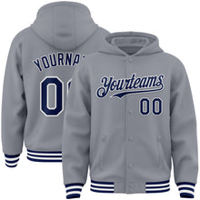 Load image into Gallery viewer, Custom Gray Navy-White Bomber Full-Snap Varsity Letterman Hoodie Jacket
