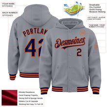 Load image into Gallery viewer, Custom Gray Navy-Orange Bomber Full-Snap Varsity Letterman Hoodie Jacket
