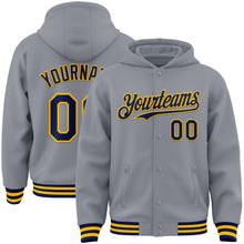 Load image into Gallery viewer, Custom Gray Navy-Gold Bomber Full-Snap Varsity Letterman Hoodie Jacket
