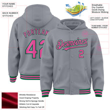 Load image into Gallery viewer, Custom Gray Pink-Kelly Green Bomber Full-Snap Varsity Letterman Hoodie Jacket
