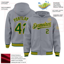 Load image into Gallery viewer, Custom Gray Green-Gold Bomber Full-Snap Varsity Letterman Hoodie Jacket
