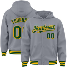 Load image into Gallery viewer, Custom Gray Green-Gold Bomber Full-Snap Varsity Letterman Hoodie Jacket

