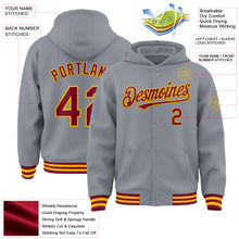 Load image into Gallery viewer, Custom Gray Crimson-Gold Bomber Full-Snap Varsity Letterman Hoodie Jacket
