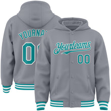 Load image into Gallery viewer, Custom Gray Teal-White Bomber Full-Snap Varsity Letterman Hoodie Jacket
